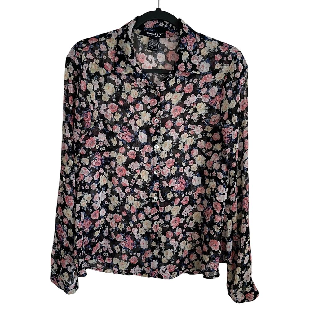 About A Girl Sheer Button Up Blouse Sz S Long Roll Tab Sleeve Floral Cottagecore